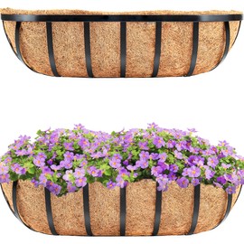HFHOME 2 Pcs 24" Window Box Deck Railing Planter with Horse Trough Coco Liners, Black Metal Hanging Flower Planters Baskets for Indoor, Outdoor, Balcony, Porch, Fence, Patio, and Lawn