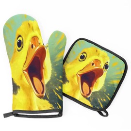 Yellow Duck Oven Mitt Pot Holder Sets for Kitchen Heat Resistant Oven Gloves Hot Pads Non-Slip Mittens Potholders Insulated Pan Pads Decorative Home for BBQ Baking Cooking Grilling