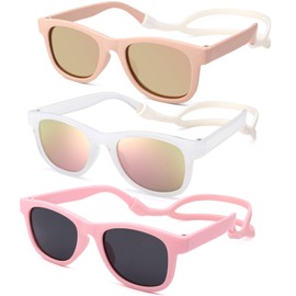 COASION 3 Pack Bendable Flexible Polarized Newborn Baby Sunglasses with Silicon Strap for Infant Boys Girls Age 0-12 Months (Baby Girl Pink/Pink Mirror + Jelly White/Pink Mirror + Pink/Grey)