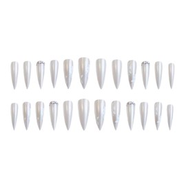 MERVF Almond Press on Nails Flower Fake Nails Press ons White Pearlescent Stiletto Glue on Nails with Rhinestones Design Chrome Acrylic False Nails Glossy 24pcs