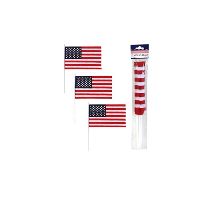 3 Mini American Flags On Stick US 11.4 Inches By