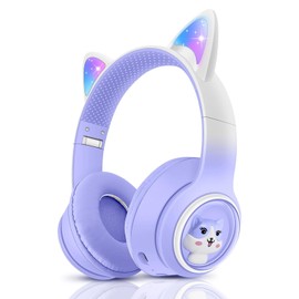 BLAZDEVE Bluetooth Cat Ear Headphones, Foldable Ear LED Light Child Wireless Headphones with Microphone and LED Light for Child, Compatible with Mobile Phones PC Tablet (Purple)