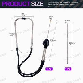 Swpeet 2Pcs Automotive Stainless Steel Mechanic Cylinder Stethoscope Engine Stethoscope Kit Includes Rubber Ear Buds Probe Tube, Diagnostic Tool for Cars, Trucks and Motorcycles, Engine Tester (Black)