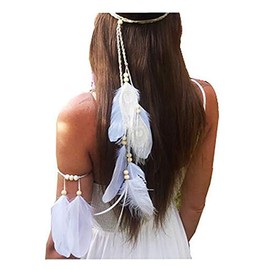 Women's Bohemian White Peacock Feather Headband Headdress Bracelet Hippie Headwear Tribal Indian Fascinator Feather Hair Band Wedding Accessories