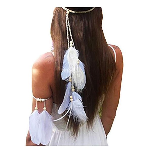 Women's Bohemian White Peacock Feather Headband Headdress Bracelet Hippie Headwear Tribal Indian Fascinator Feather Hair Band Wedding Accessories