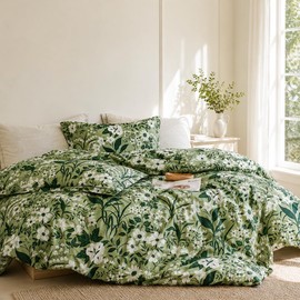 Floral Comforter Queen Size - 100% Cotton Green Comforter Set 3pcs, Leaf Print Soft Hypoallergenic Bedding Set