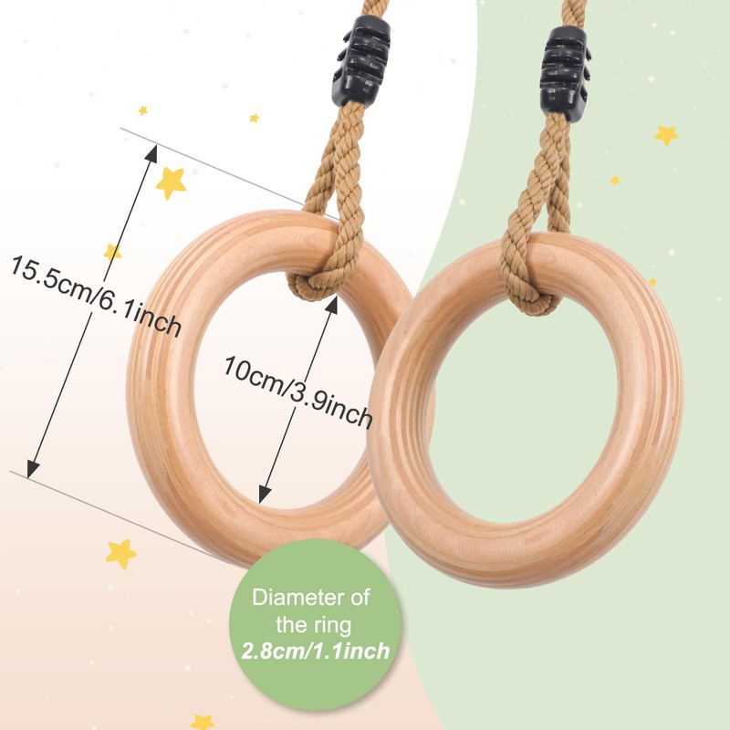 Wooden Gymnastics Rings,Pull up Rings with Adjustable Buckle, Wooden Swing