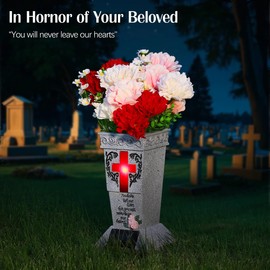 Lewondr Solar Cemetery Vases for Grave, Cross Grave Flower Holder with Solar Light & Ground Spike, Headstones Grave Vase Decoration, Sympathy Gifts for Loss of Loved One, Grey