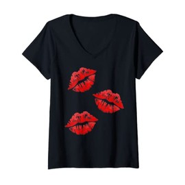 Womens Kissing Lips | Kissing Face | Red Lipstick Kissing On Kiss V-Neck T-Shirt