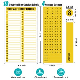 14 Sheets Breaker Panel Labels, 10 Electrical Box Catalog Labels and 4 Number Stickers, Colorful Durable Removable Electrical Number Directory Load Center Sticker（Yellow）