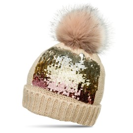 Caspar MU169 Women's Knitted Winter Hat with Sequins Decoration and Large Faux Fur Bobble, beige