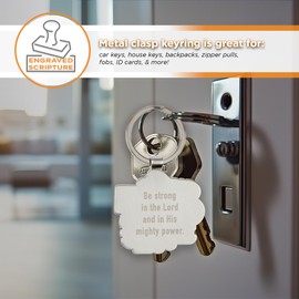 Christian Art Gifts Inspirational Scripture Keychain for Men & Women: Strong in the Lord Encouraging Bible Verse, Stylish Sturdy Metal Debossed Stamped Keyring Accessory, Engraved Text, Silver & Black