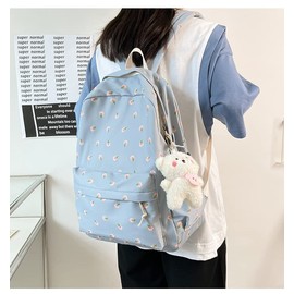MININAI 2025 Kawaii Floral Print Backpack with Pendant Preppy Backpack Cottagecore Bag Coquette Aesthetic Backpack Daypack (Sky,One Size)