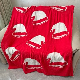 Red Christmas Hat Throw Blanket, Soft Warm Cozy Reversible Santa Claus Christmas Blanket Fuzzy Fleece Holiday Blanket Gift for Kids Girls Adults Blankets for Sofa Bed Couch Decor, 51x63 inches