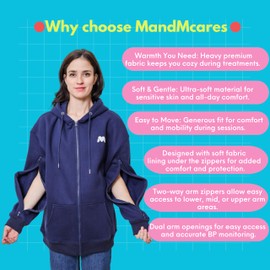 Oversized Jacket Hoodies Customized for Hemodialysis Patients with Both Arms Two Way Zippers for Men and Women (Small, Navy Blue)