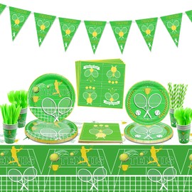 Tennis Party Supplies, Includes Tennis Flag, Tennis Tablecloth, Plates, Napkins, Cups, Straws, Knives, Forks, Spoons for Tennis Birthday Party Decorations, Kids Sports Themed Party, Serve 20 Guests