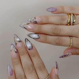 QQPPOLIU Purple Press on Nails Almond Fake Nails Medium False Nails Glitter Design Stick on Nails for Women and Girls 24Pcs