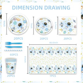 141Pcs First Trip Around The Sun Decorations for Moon Baby Shower Blue Space Birthday Paper Plates and Napkins Forks Cups Cutlery Tablecloch Party Supplies for 20 Guests Outer Space Party Decorations