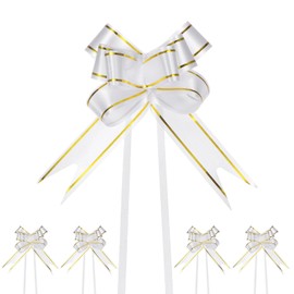 M METERXITY 100-Pack Ribbon Pull Bows, 3.74 Inch / 9.5cm Plastic Gold Edge Ribbon Bows for Gift Wrapping/Wedding/Flowers/Baskets Decorations, Satin Pull Bows [White Gift Bow]