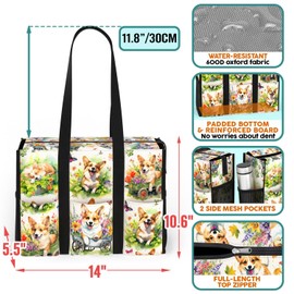84hoods Multi-Pocket Tote Bag for Women. Gift for Corgi Lovers and Owners. Waterproof Shoulder Bag with Multiple Convenient Pockets and Zipper for Travel, Work, Grocery. Flower Garden.