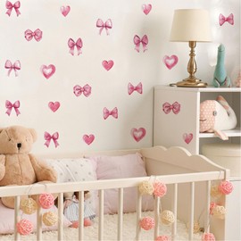 Arawat 48pcs Pink Bowtie Decor for Bathroom and Bedroom Bow Wall Stickers and Decals Bow Room and Wall Decor Heart Decoration Vinyl Peel and Stick Room Decoration