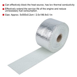 Exhaust Pipe Insulation Hose Fibreglass Exhaust Pipe Wrap Tape, 5 m Car Heat Protection Insulation, 5 x 500 x 0.2 cm, Silver, Heat Resistant up to 2000°F