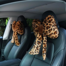 2 Pcs Plush Bow Car Headrest Neck Pillow Cute Bow Pillow for Car Seat Décor Soft Neck Support for Comfortable Driving Traveling Office Fluffy Head Rest Cushion, Leopard Print