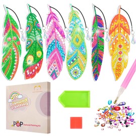 MATHARAGO 6 Pcs Diamond Painting Kits for Kids, Feather Bookmark Diamond Art Kits, DIY Crystal Diamond Art for Kids, Enfants, Girls and Women, Diamond Painting Bookmarks with Crystal Pendant (YQ089)