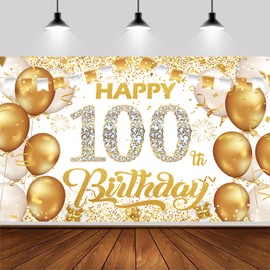 6x3.6ft Happy 100th Birthday Backdrop Banner,White And Gold Birthday Backdrop Sign, Happy Birthday Party Supplies Photo Background for Children Men Women.