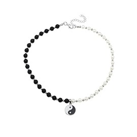 Yin Yang Pendant Choker Necklace Beaded Pearl Link Chain for Women Men Chinese Philosophy Cool Hip Hop Jewelry