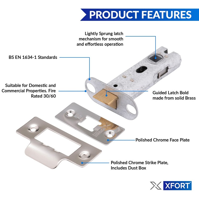 XFORT Tubular Latch, Polished Chrome, Tubular Door Latch for Internal