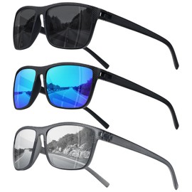 STORYCOAST Polarized Sunglasses for Men Women Classic Square Sports Fishing Running Golf Sun Glasses UV Protection 3Pack-Black+Blue+Silver