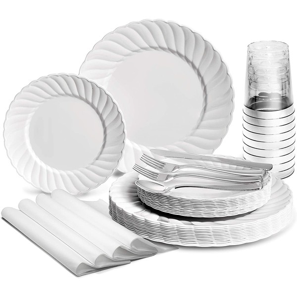 " OCCASIONS" 960pcs set (120 Guests)-Vintage Wedding Party Disposable Plastic Plates -120 x 10.25'' + 120 x 7.5'' + Silverware + Cups + Napkins (Blossom in White)