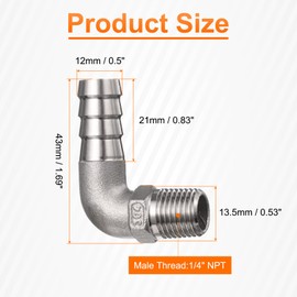 HARFINGTON 90 Degree Elbow Hose Barb Fitting 0.5" Barb x 1/4" NPT Male Stainless Steel Pipe Fitting Air Hose Fittings Coupler Thread Connector Adapter for Water Fuel Air