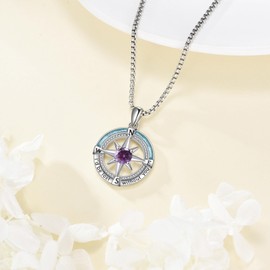 HKPATOP Compass Necklace 925 Sterling Silver Birthstone Necklace Turquoise Compass Pendant Jewelry for Women (February)