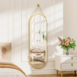 TinyTimes 16"x48" Hanging Mirror with Leather Strap,Oval Full Length Mirror with Aluminum Frame Wall-Mounted Hanging Mirrors for Bathroom Vanity Living Room Bedroom Entryway Décor, Gold