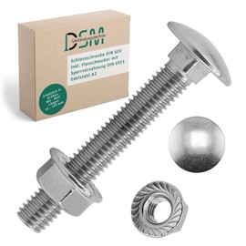 DSM - Carriage Bolts M10 x 60 mm DIN 603 - M10 Flange Nut with Locking Toothing DIN 6923 - A2/V2A Stainless Steel - Round Head Square Head Screws - Hex Nut with Flange - Pack of 10