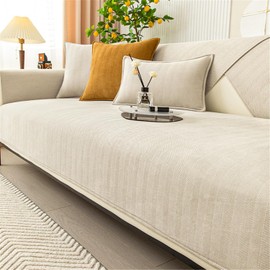 Herringbone Chenille Fabric Furniture Protector Sofa Cover 1 2 3 Seater, Non-Slip Sofa Slipcovers for Corner L Shape, Thick Textured Sofa Cushion Covers Furniture Protector (Beige,90x160cm)