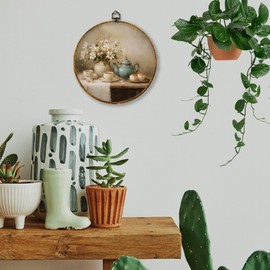 Hiuwevt Vintage Teapot Floral Round Wall Art Decor, Antique Still Life Framed Canvas Prints, Rustic French Country Round Wall Hanging Decor for Home Kitchen Decorations, 10x10 Inches