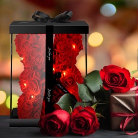 Otlonpe Rose Bear Birthday Gifts for Women, Valentines Day Bear Gifts for Her Wife Girlfriend, Rose Teddy Bear with Box & Card, Led Forever Roses Artificial Flowers Gifts for Mom/Friend (Red)