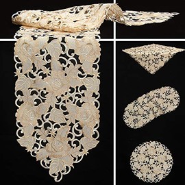 Quinnyshop Bronze Rose Flower Embroidery Tablecloth Table Runner Approx. 40 x 90 cm Oval Polyester Cream
