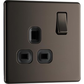 BG Electrical Single Switched Power Plug Wall Socket, Screwless Front Plate, Slim Profile, Premium Flatplate, Black Nickel, 13A, FBN21B