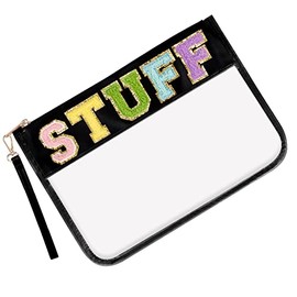 Iqimott - Bolsa transparente con letras, para viajes, playa, para maquillaje, para mujeres y niñas, Stuff-Black, Bolsa transparente con letras