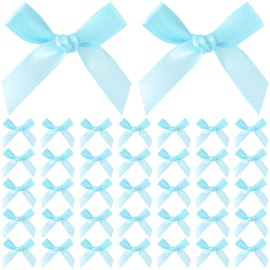 Mxxipp 70pcs Mini Ribbon Bows for Craft, Small Satin Ribbon Bow, Soft Bowknot Sewing Accessories for Flowers Bakery Gift Wrapping Christmas Wedding Birthday Party Decoration- Light Blue