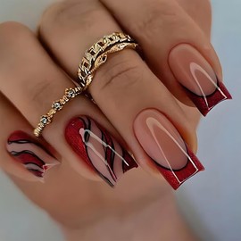 Mkwntg Red French Tip Press on Nails Medium Square Fake Nails Glossy Red Full Cover Acrylic Nails with Black Wave Line Design Red Wavy Stripes False Nails Reusable Stick on Nails for Women 24Pcs