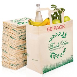 50 Pack Reusable Thank You-Have a Nice Day Eco-Friendly Large Grocery Shopping Bags 14.5"x14"x6.6" Durable, Recyclable Shopping Bags for Customers Washable, Foldable, Portable Tote Bags Bulk