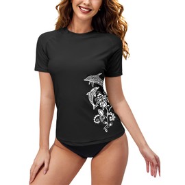 BesserBay Women's Short-Sleeved Rash Guard with Beautiful Patterns, UV Shirt Tankini, UPF 50+, S-XXL, 5 Black, xxl