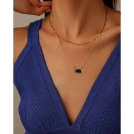 Lourny Gemstone Birthstone Pendant Layered Necklace for Women Trendy, 18K Gold Plated Paperclip Chain Preppy Choker Charm Necklace for Women Wife Jewelry (Royal Blue)