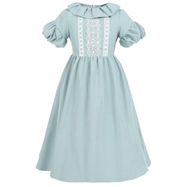 FCCAM Colonial Costume Girls Puffy Sleeves Prairie Pioneer Dress with Apron Amish Outfit Blue L