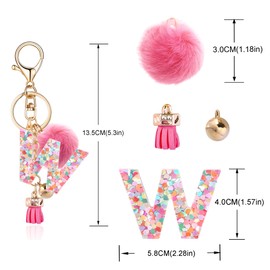 OKAICEN Deep Pink Resin Alphabet Initial Letter Keychain Keyring for Women Purse Handbags With Tassel&Fur Ball Pom('W')